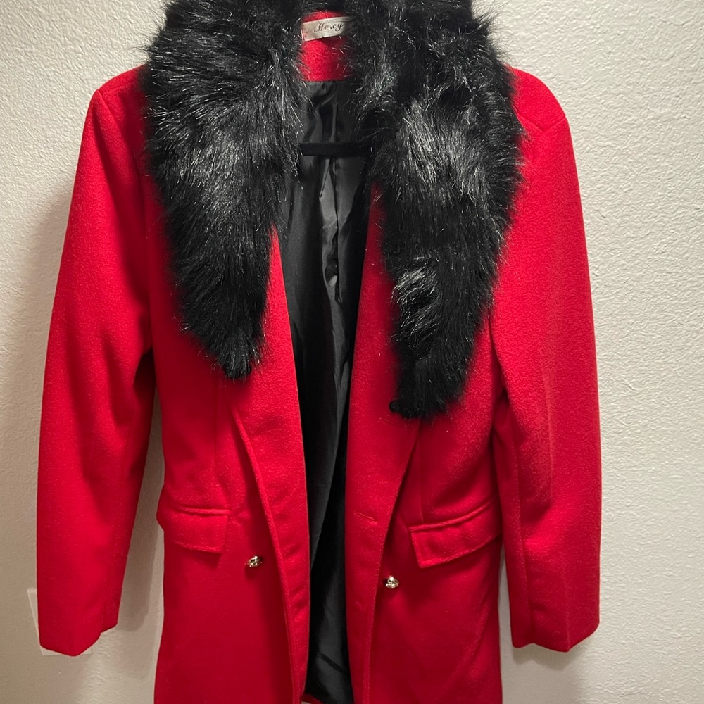 Mr. CY Red Blazer Jacket With Black Fur Top - Large